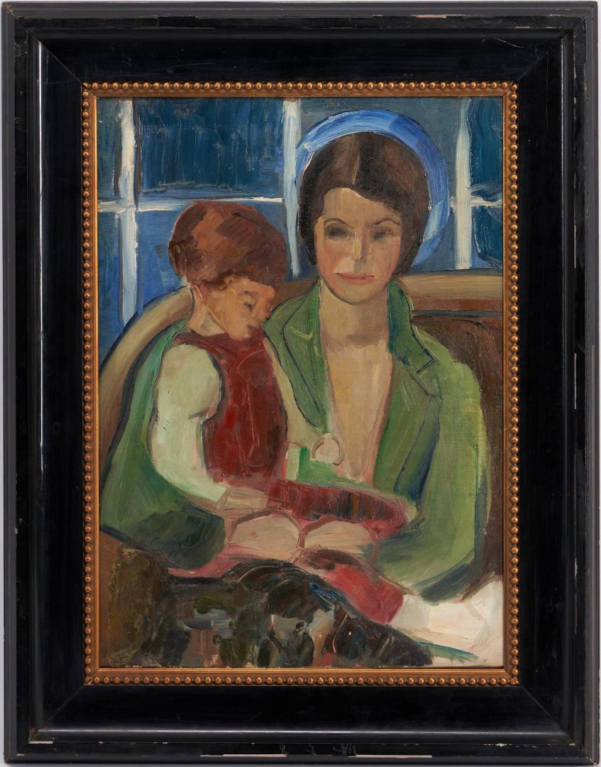 Lot 383: Swedish School O/C Abstract Portrait of a Mother and Child