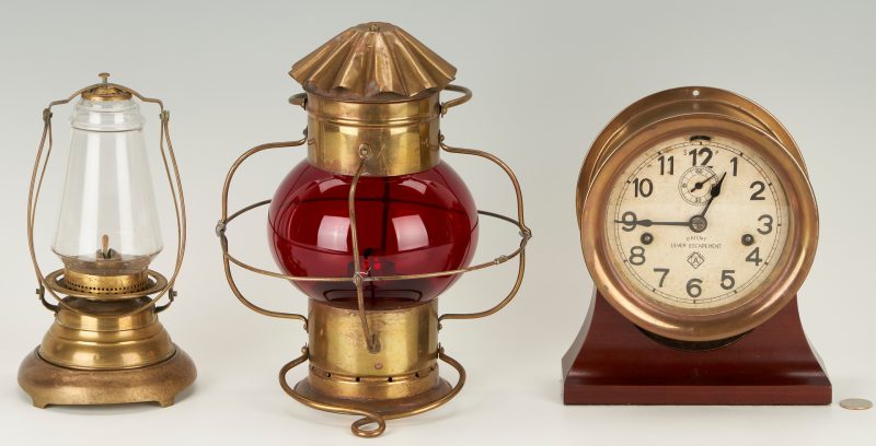 Lot 393: 3 Maritime Items, Ansonia Nautical Clock & Lanterns