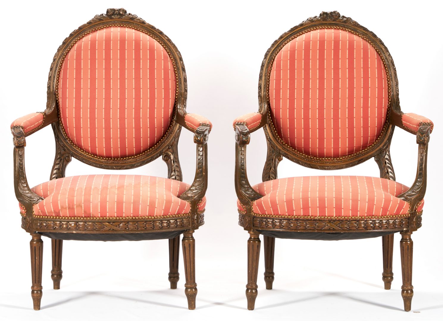 Lot 395: Pair of Louis XVI Style Carved Fauteuils Or Armchairs