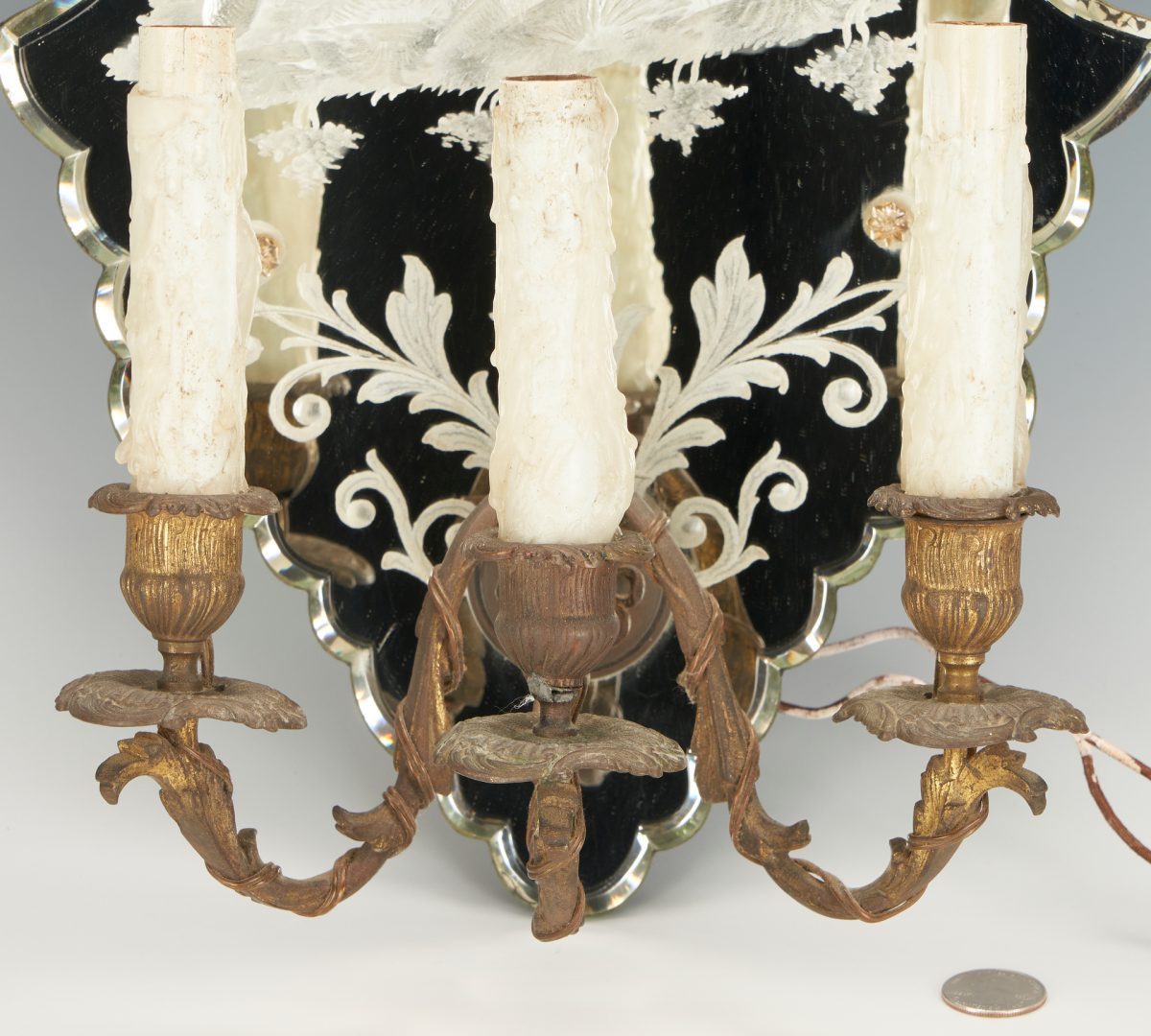 Lot 399: Etched Glass Three-Arm Mirrored Sconce