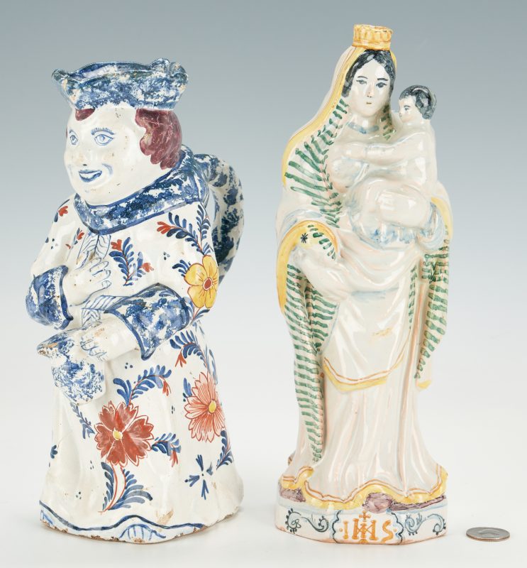 Lot 404: Delft Polychrome Figural Tankard and Bottle, 2 items