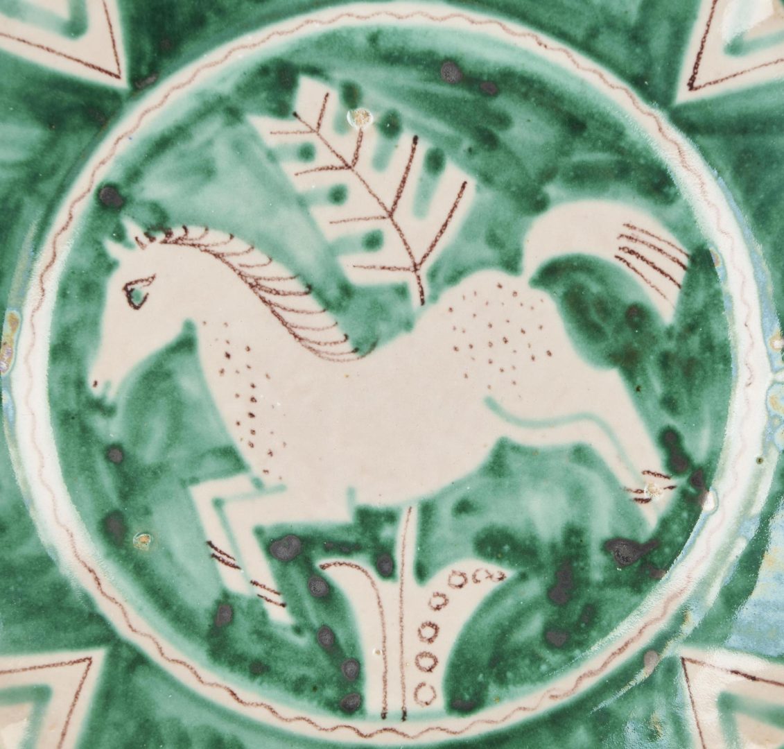 Lot 421: 4 1930s Vietri Italy Pottery Plates, Green w/ Horse Decoration