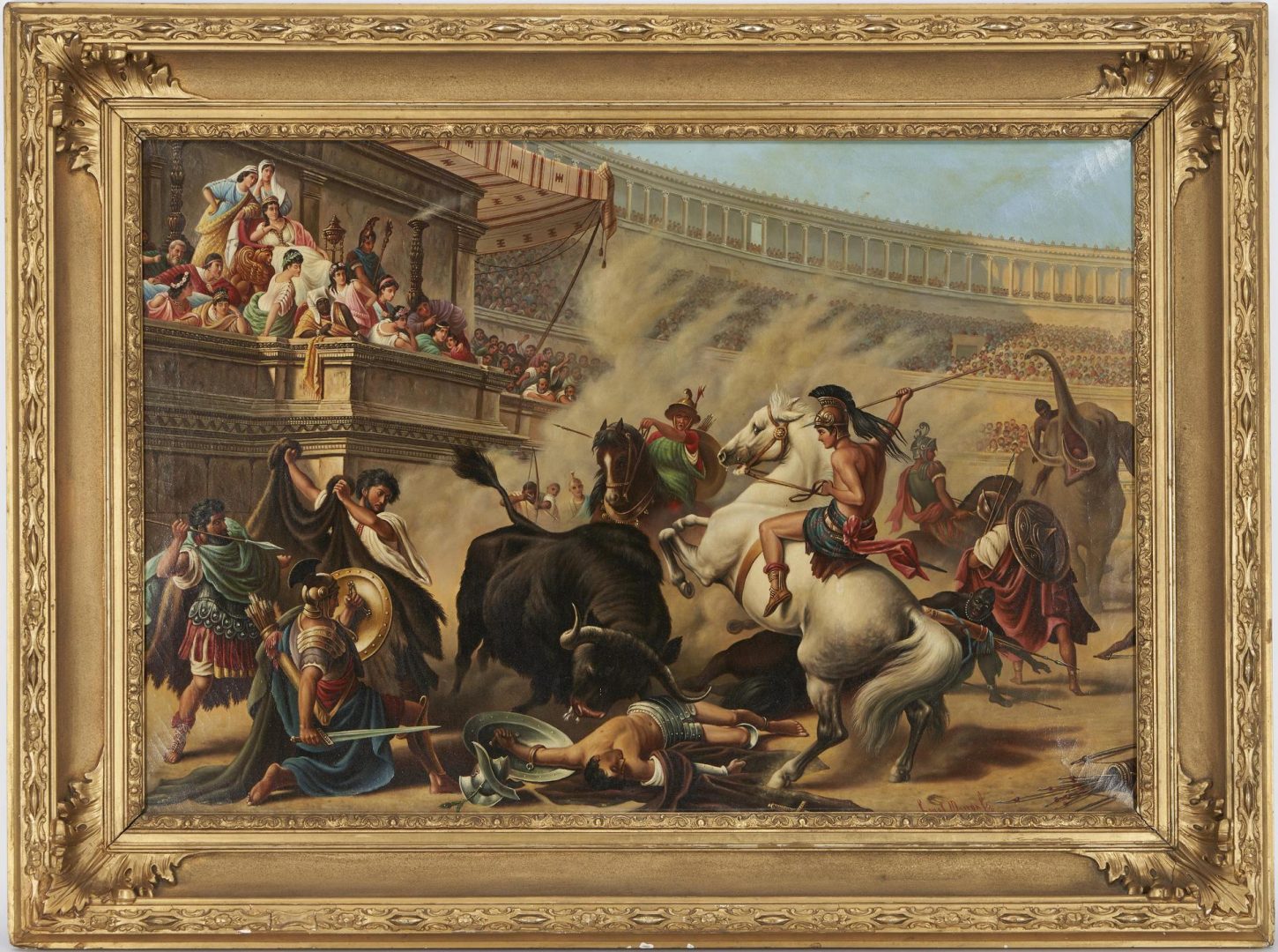 Lot 423: Large Signed O/C Battle Scene, Gladiators in Colosseum