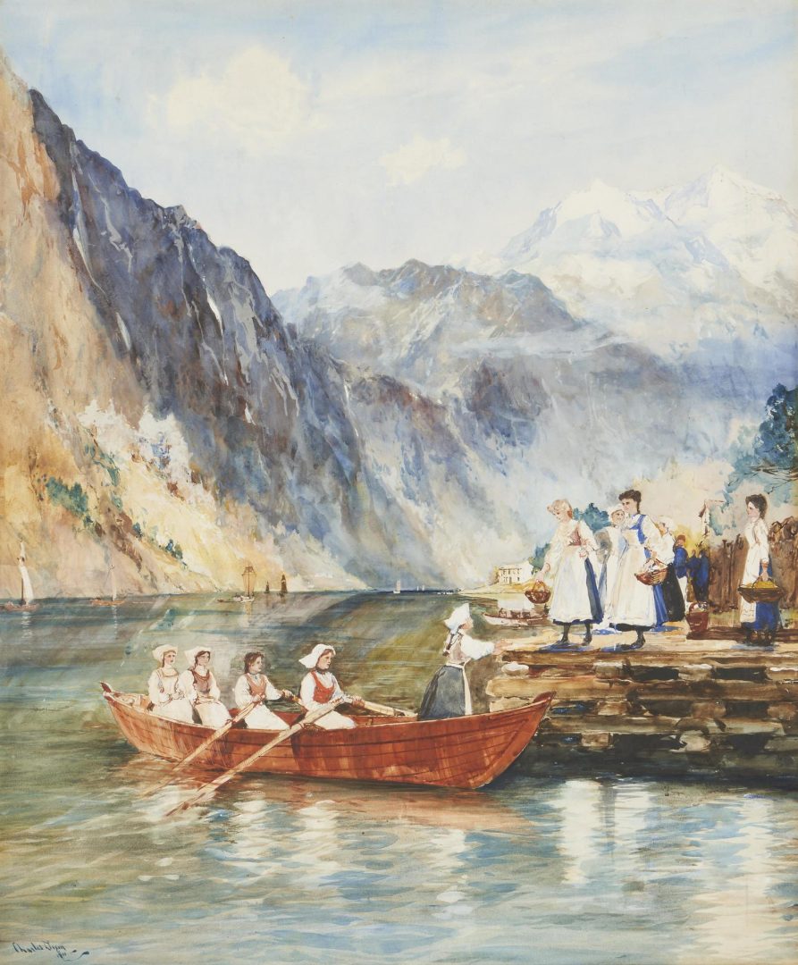 Lot 425: Charles Dixon W/C Painting, Women in Rowboat along Riverbank