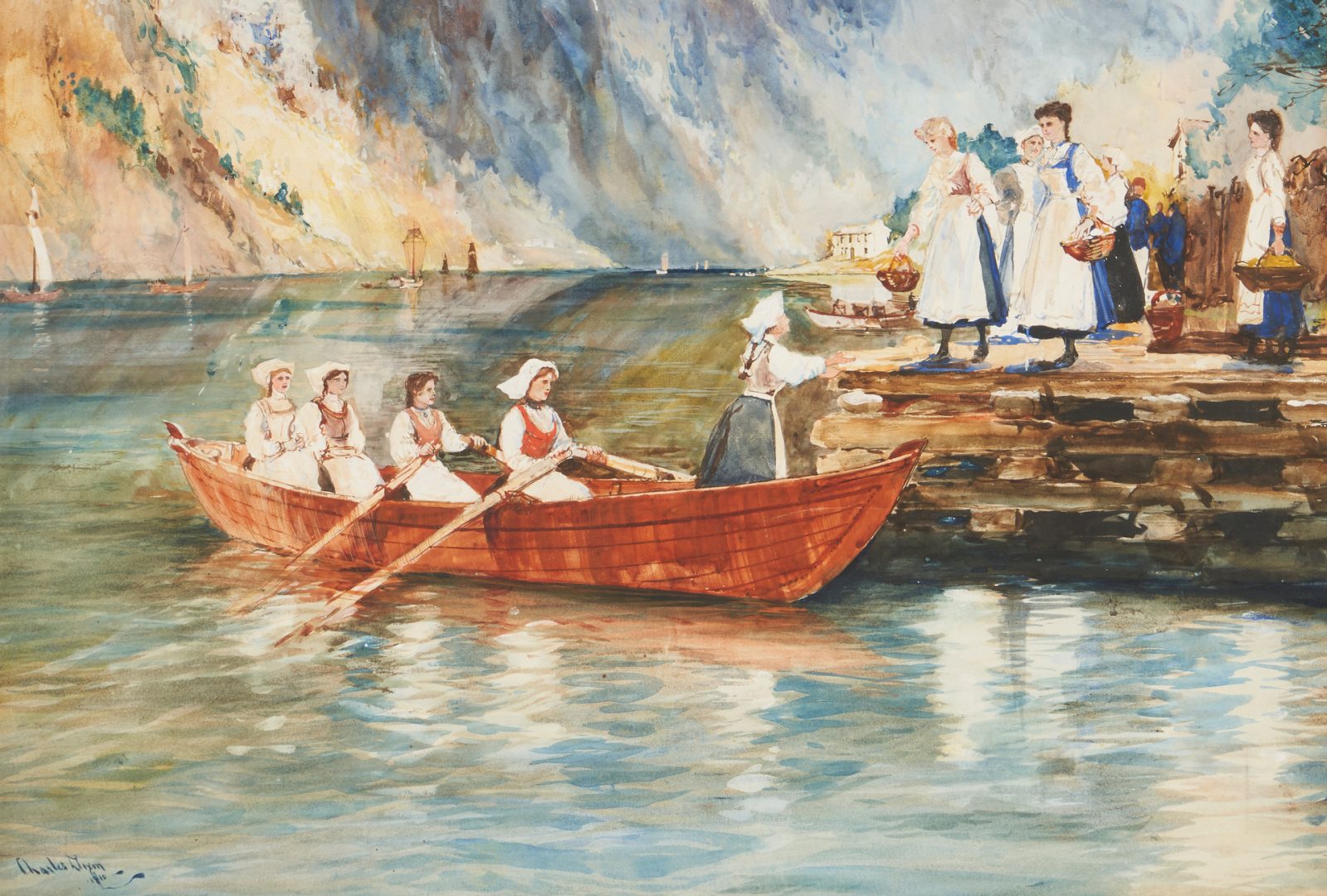 Lot 425: Charles Dixon W/C Painting, Women in Rowboat along Riverbank
