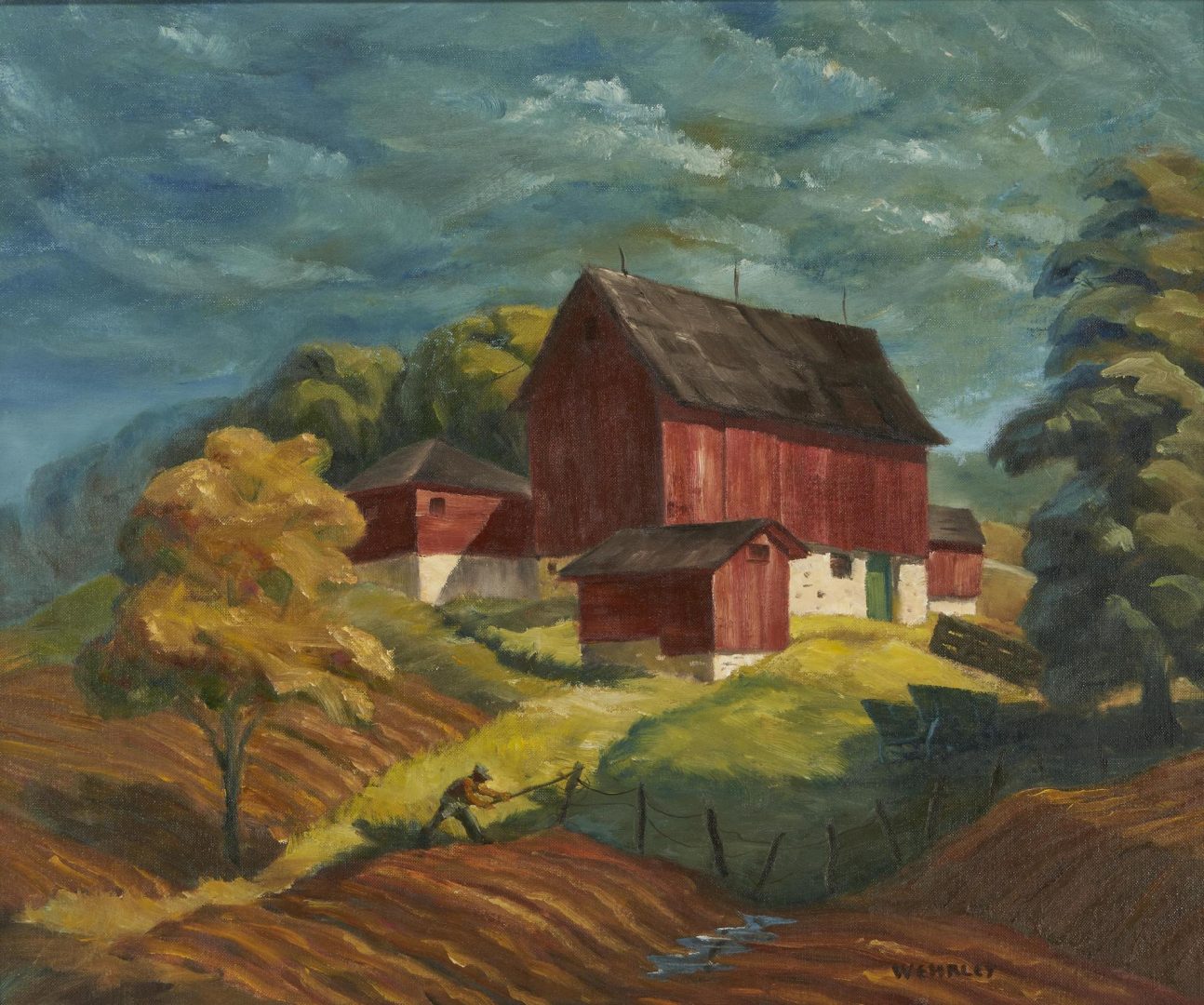 Lot 450: WPA Oil on Board Painting signed Wehrley, Wisconsin