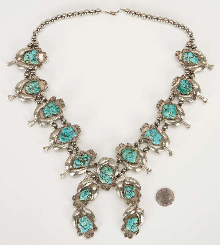 Lot 487: Navajo Turquoise & Silver Squash Blossom Necklace