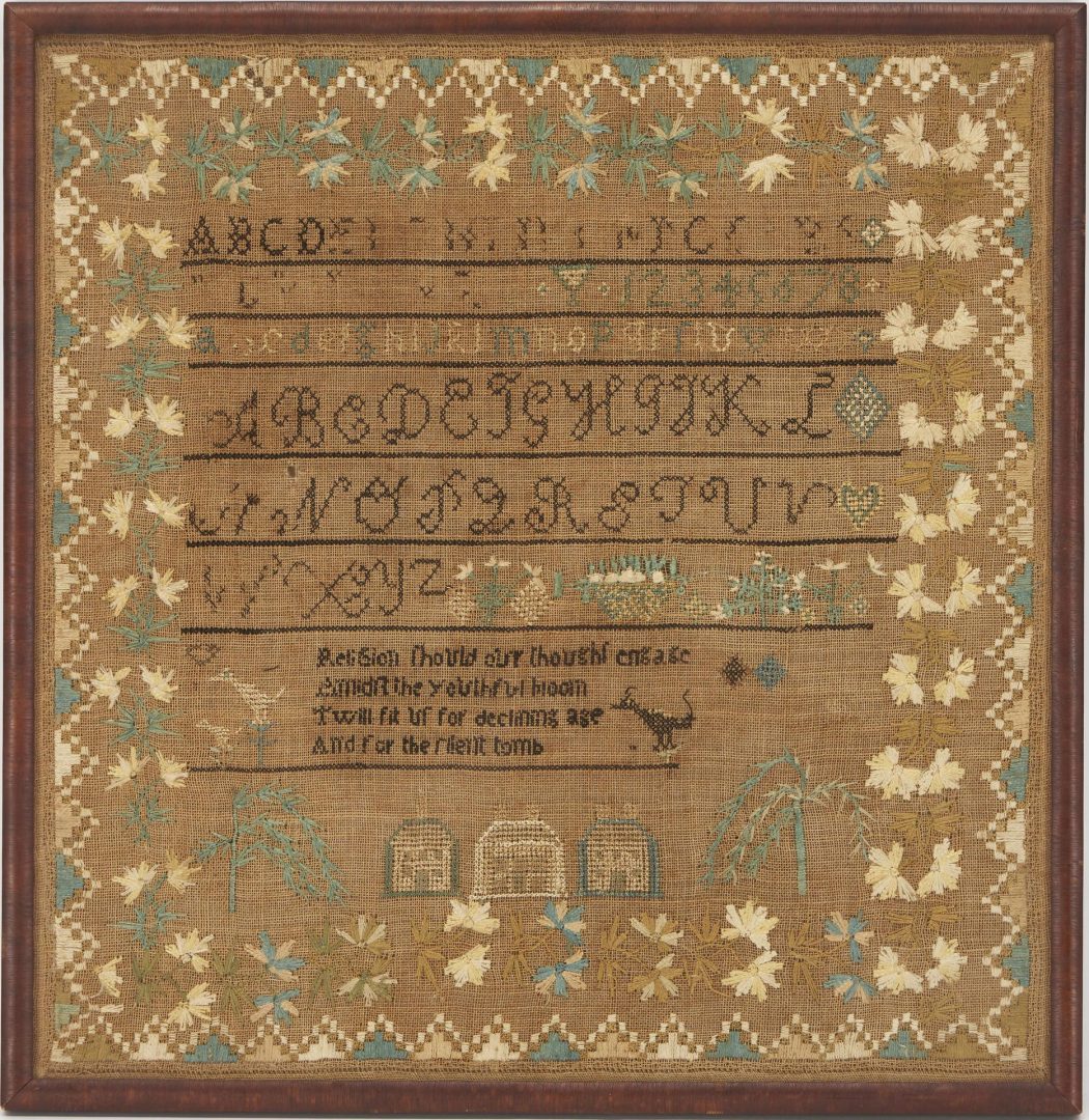 Lot 505: Massachusetts Sampler by Emily Sparhawk (Perry), Early 19th C.