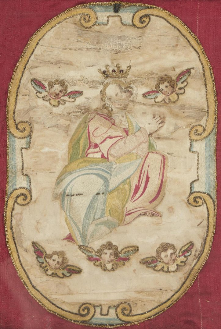 Lot 508: 3 Religious Silk Needlework Images, including David with Harp