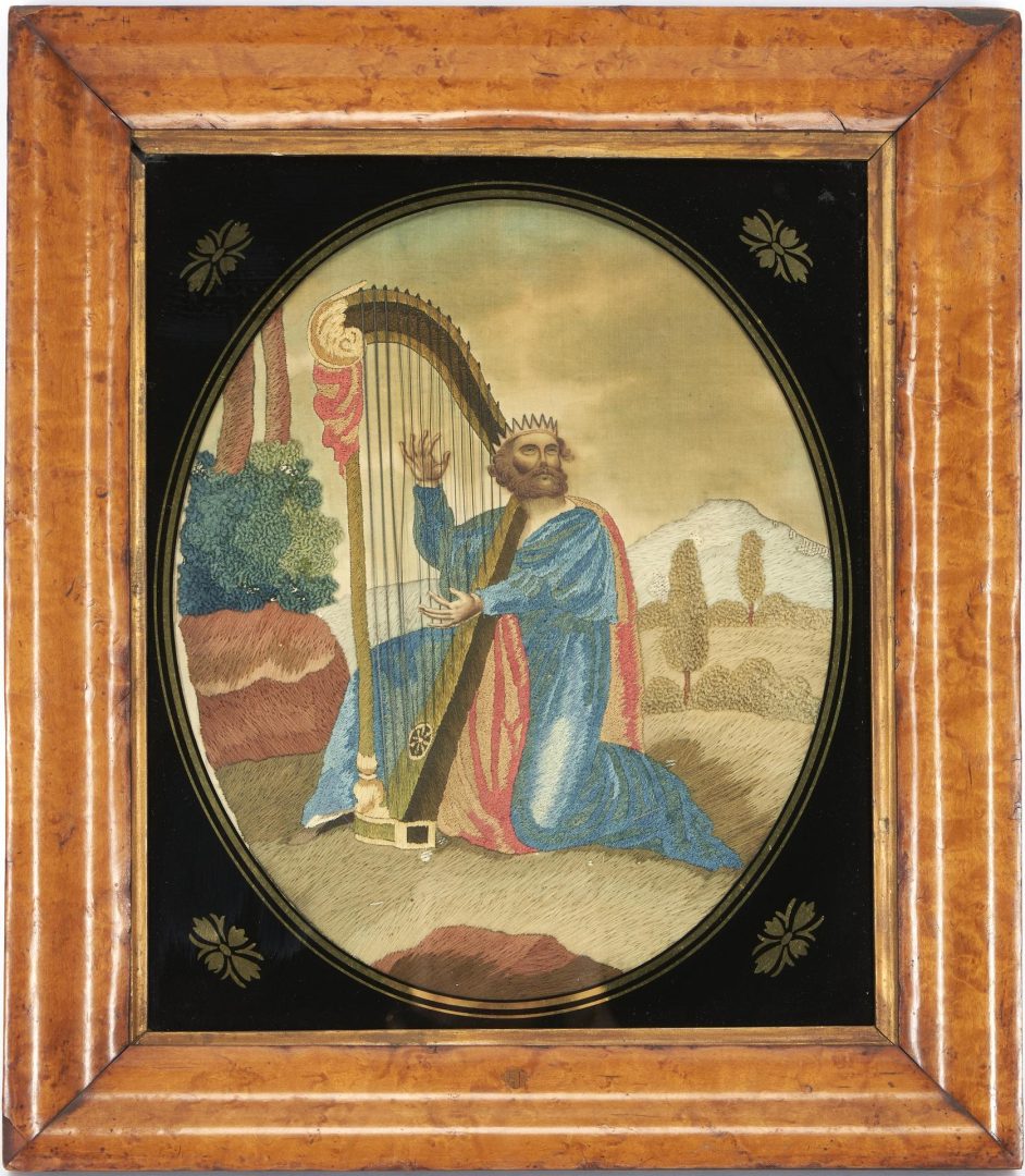 Lot 508: 3 Religious Silk Needlework Images, including David with Harp