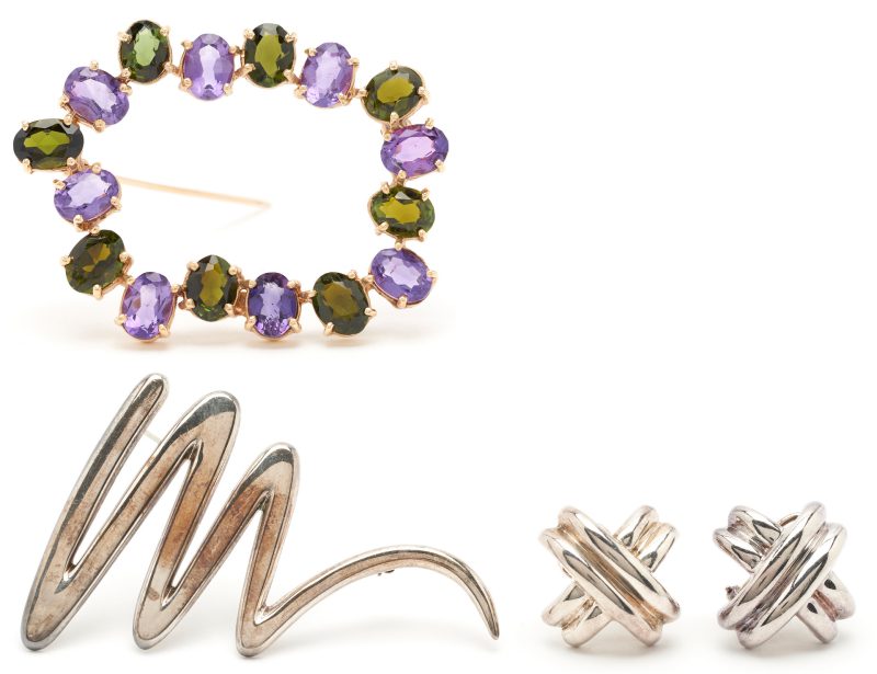 Lot 544: 14K Amethyst & Peridot Brooch plus Tiffany & Co. Sterling Silver Jewelry, 3 items
