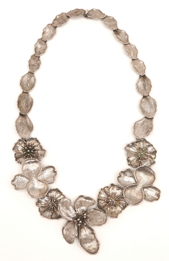 Lot 547: 3 Pcs. Sterling Jewelry: Dogwood Necklace, Cuff Bracelet & Designer Belt Clip