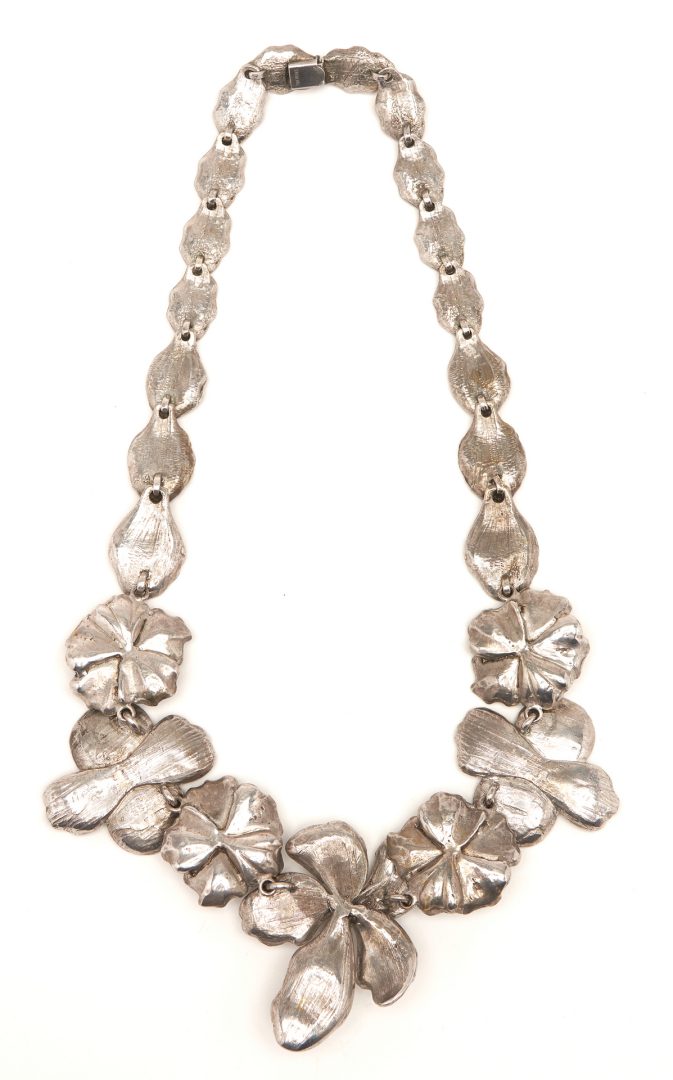 Lot 547: 3 Pcs. Sterling Jewelry: Dogwood Necklace, Cuff Bracelet & Designer Belt Clip