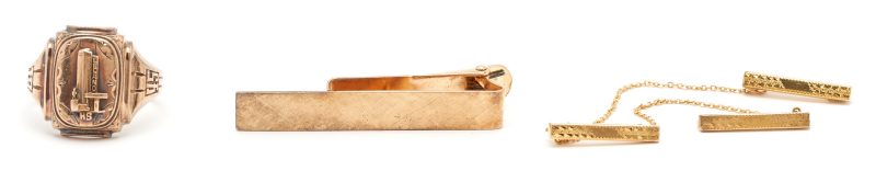 Lot 548: 14K Gold Tie Clip, 10K Tie Tack, & 10K 1945 Class Ring, 3 items
