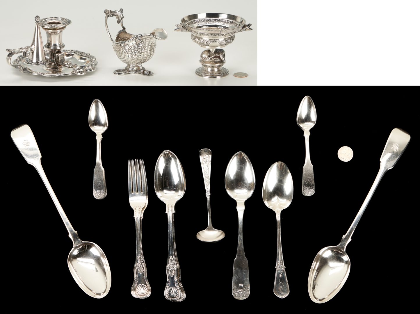 Lot 54: 19 pcs. Assorted Flatware incl. Basket of Flowers Coin Silver,