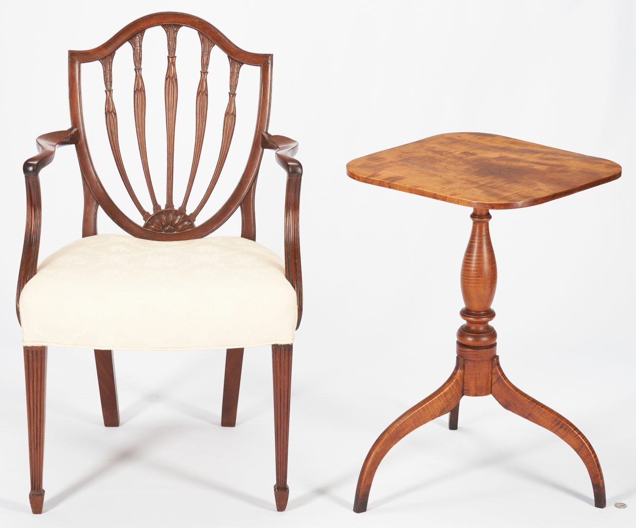 Lot 573: Shield Back Hepplewhite Style Armchair & Tiger Maple Candle Stand, 2 items