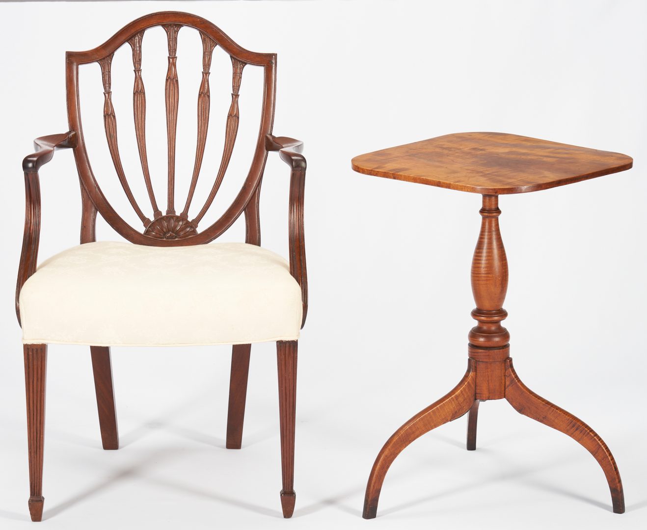 Lot 573: Shield Back Hepplewhite Style Armchair & Tiger Maple Candle Stand, 2 items