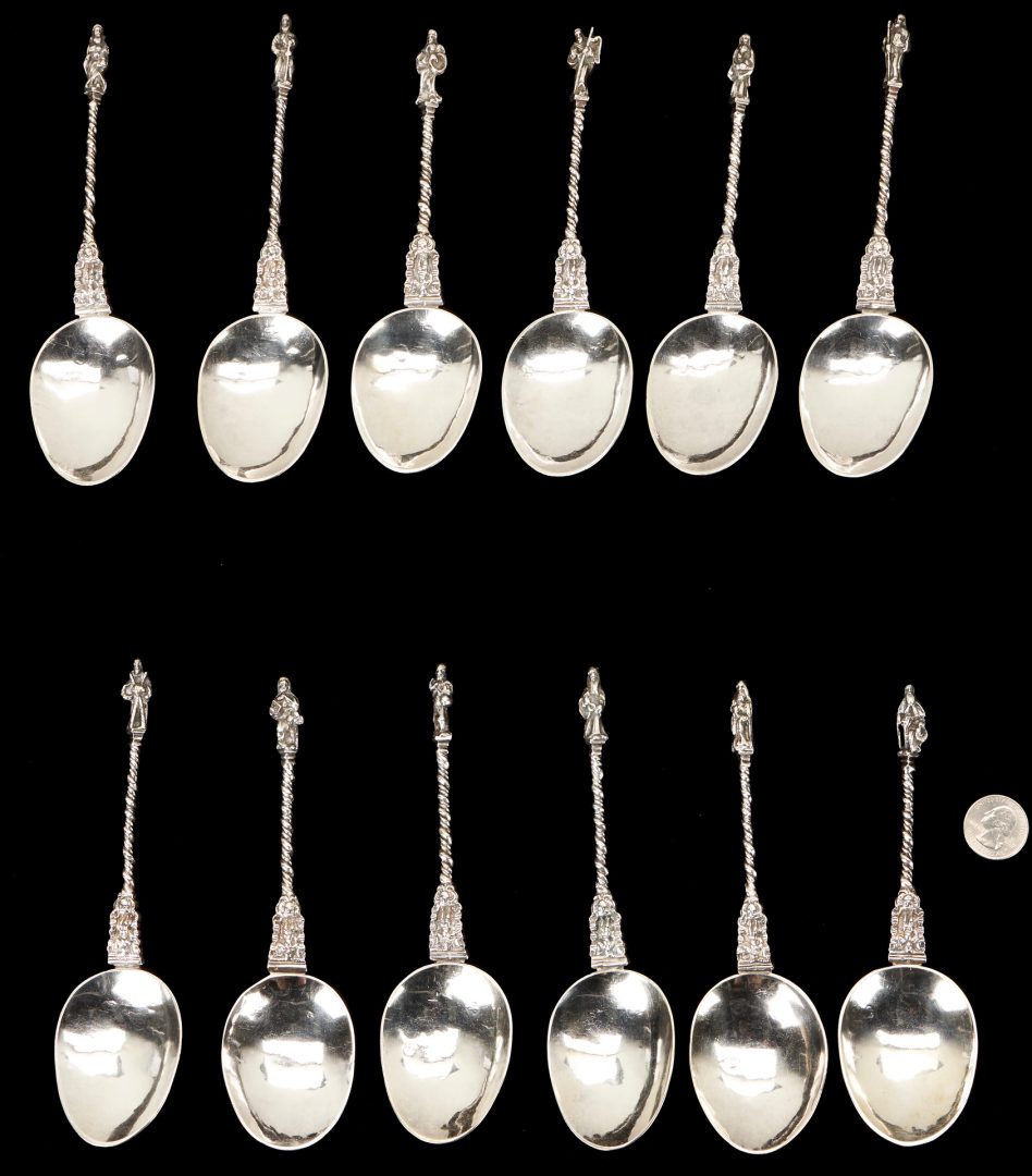 Lot 57: 12 Sterling Silver Apostle Spoons, poss. Spanish Colonial