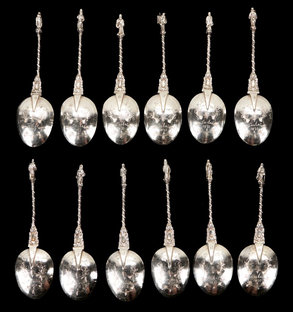 Lot 57: 12 Sterling Silver Apostle Spoons, poss. Spanish Colonial