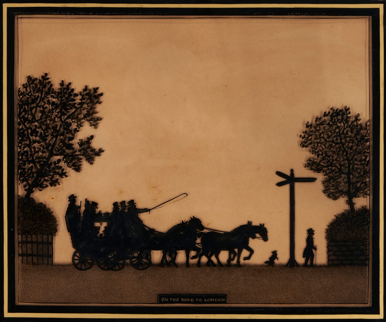 Lot 583: English Reverse Glass Silhouette "On the Road to London" Landscape