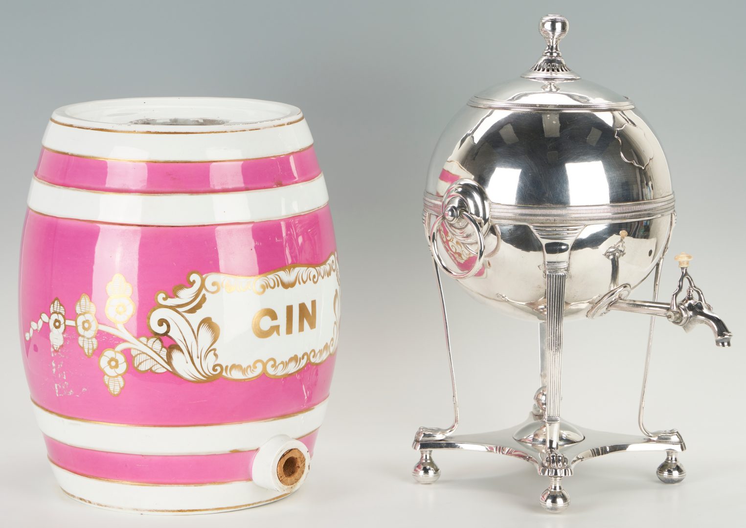 Lot 584: English Porcelain Gin Barrel & Silverplated Urn, 2 items
