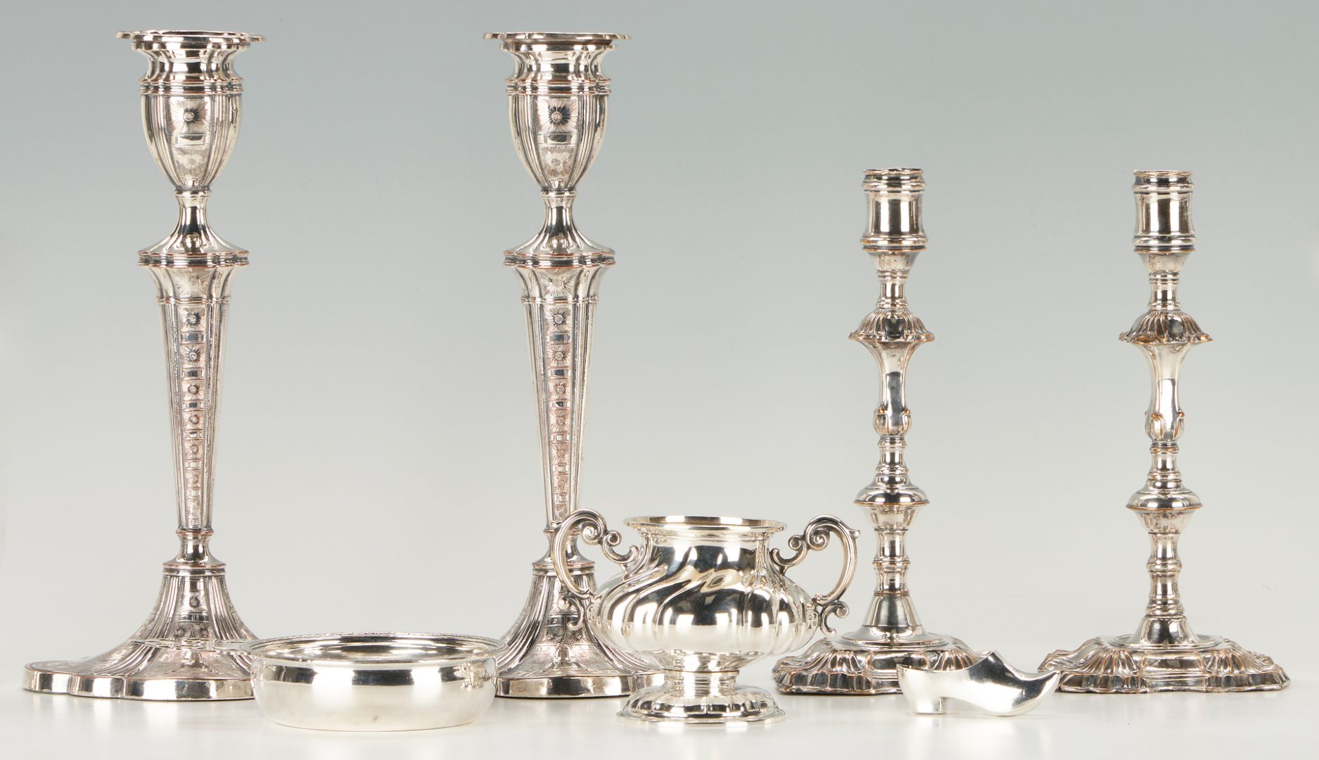 Lot 586: 8 Silver and Old Sheffield Items, incl. Matthew Boulton, Candlesticks