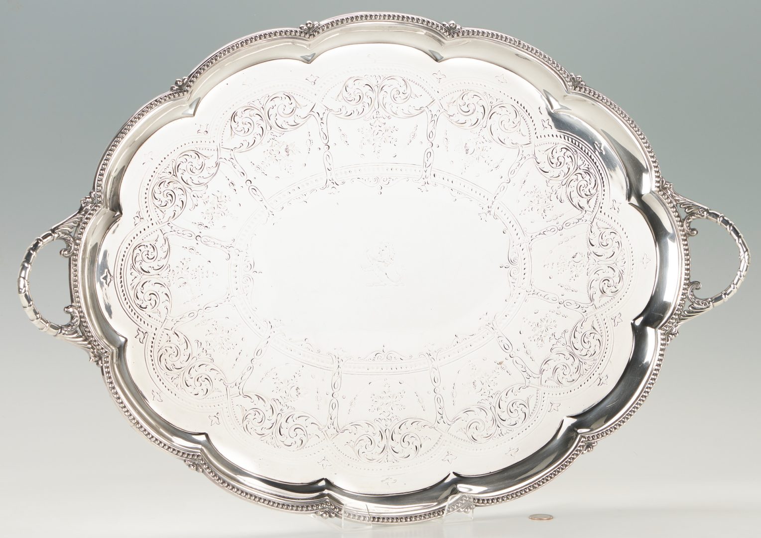 Lot 588: Silverplated Oval Tea Tray with Table Stand