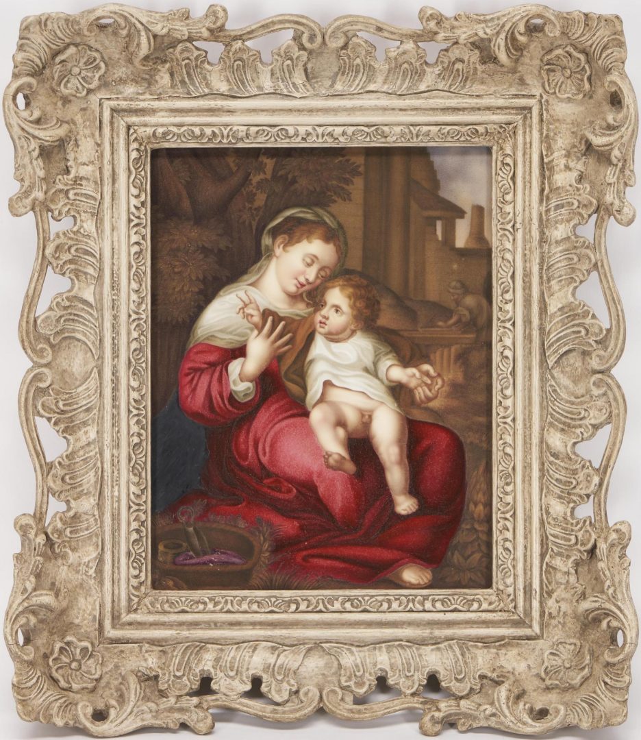 Lot 65: Small European Painted Porcelain Plaque, Madonna & Child