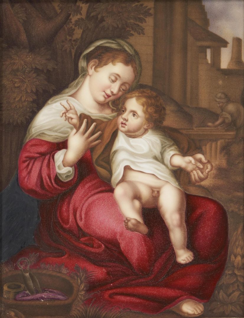 Lot 65: Small European Painted Porcelain Plaque, Madonna & Child