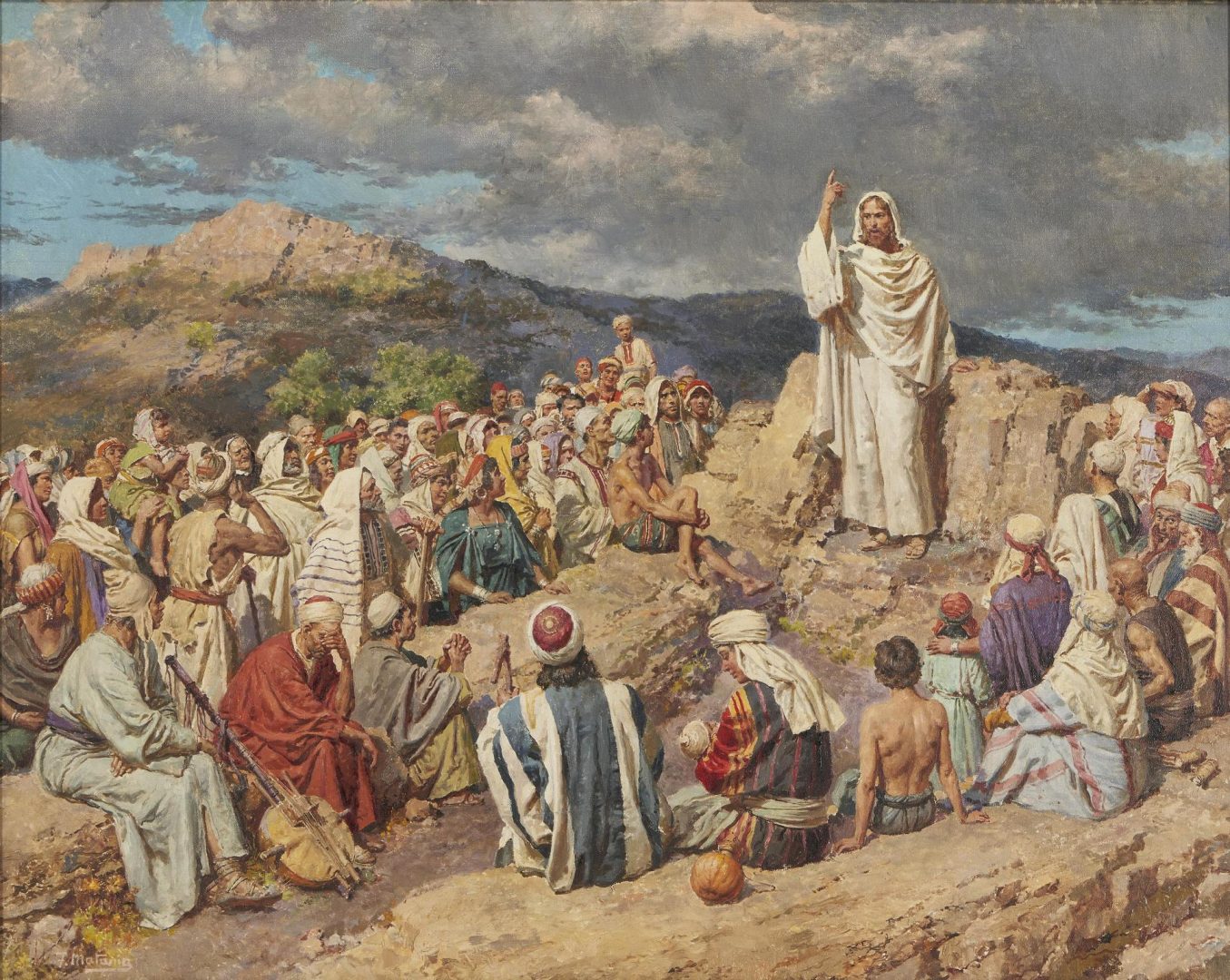 Lot 73: Fortunino Matania O/C Religious Painting, Sermon on the Mount