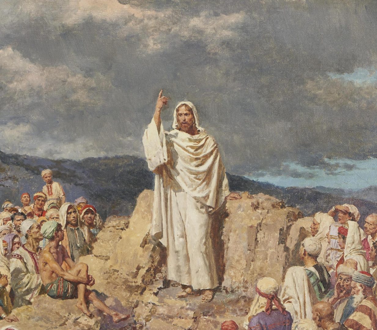 Lot 73: Fortunino Matania O/C Religious Painting, Sermon on the Mount
