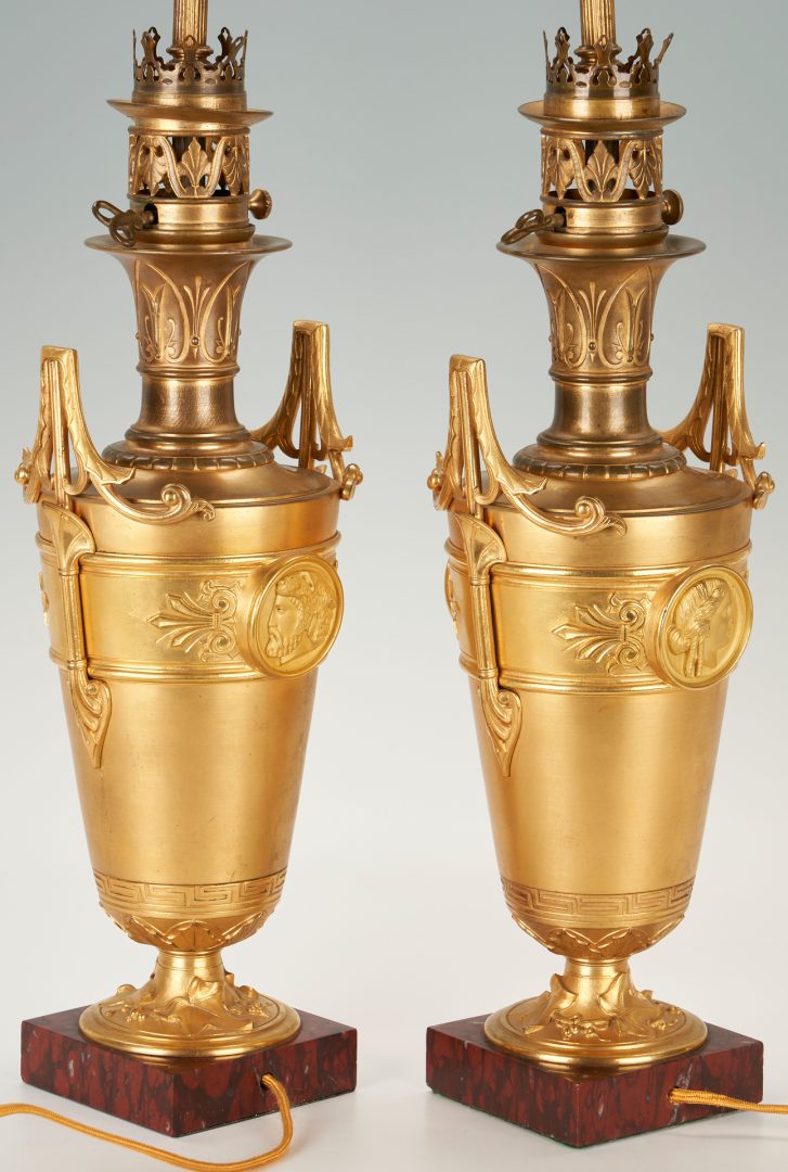 Lot 75: Pair of Neo Grec Gilt Bronze Classical Portrait Urn Lamps