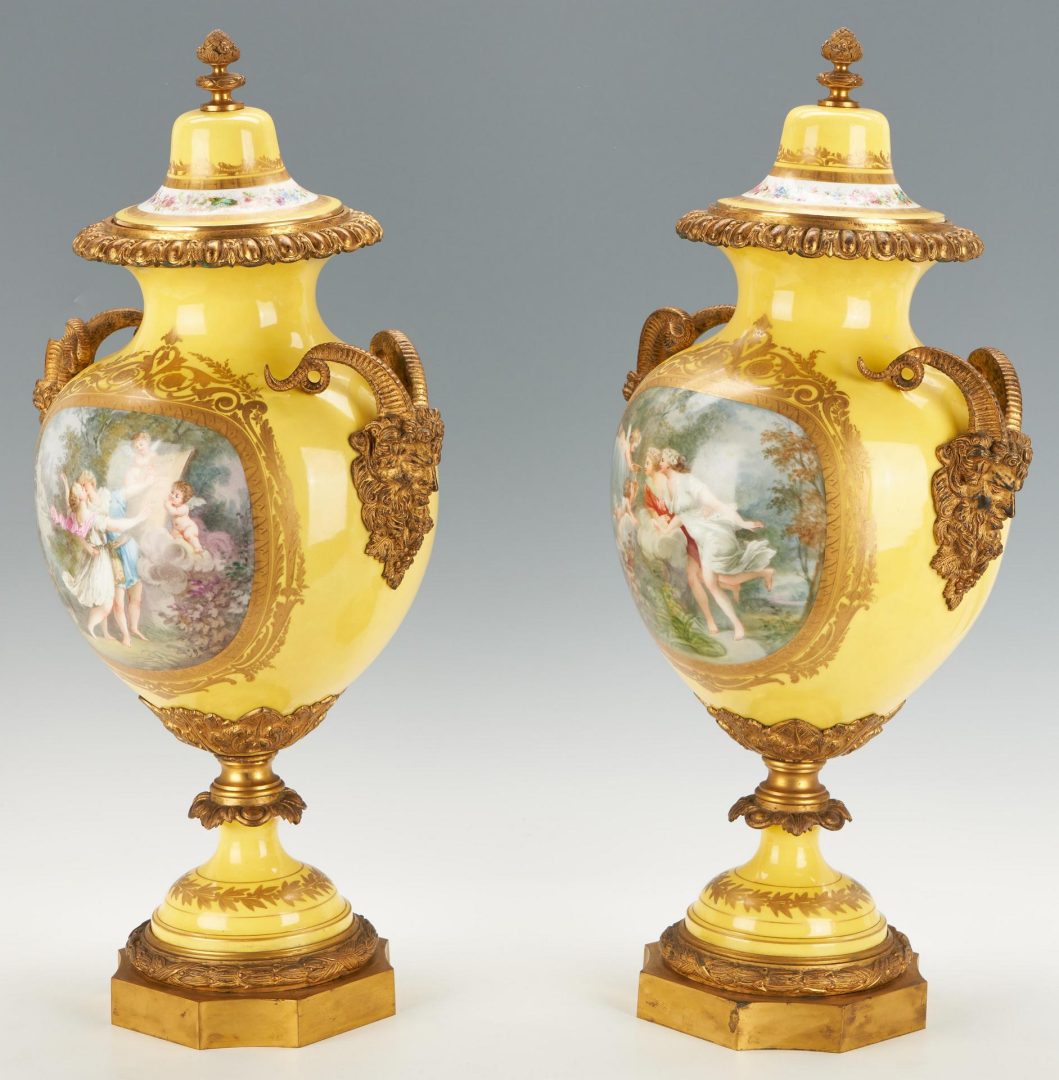 Lot 77: Large Pair of Sevres Style Bronze Mounted Decorated Porcelain Urns