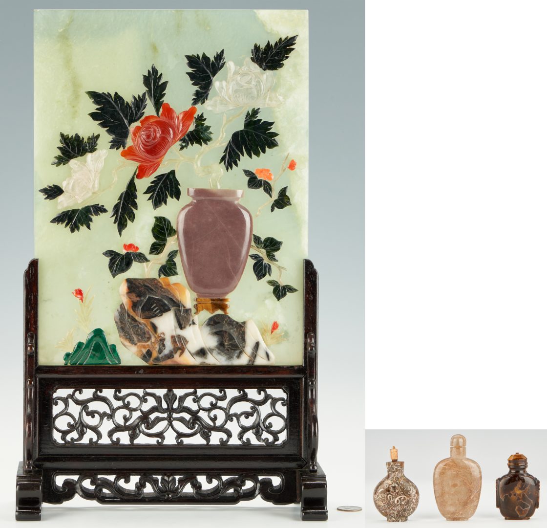 Lot 7: 4 Chinese Items Incl. Floral Hardstone Table Screen & Snuff Bottles
