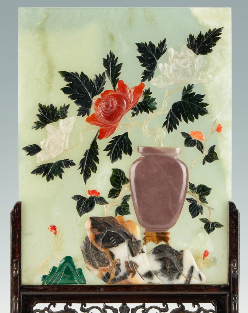Lot 7: 4 Chinese Items Incl. Floral Hardstone Table Screen & Snuff Bottles