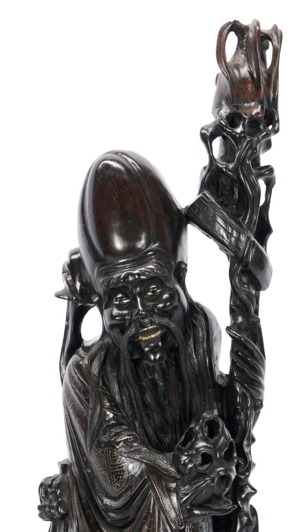 Lot 8: Large Chinese Carved Longevity Figure, Silver Inlay
