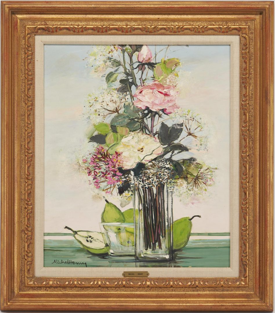 Lot 91: Michel Henry O/C Floral Still Life Painting w/ Pears