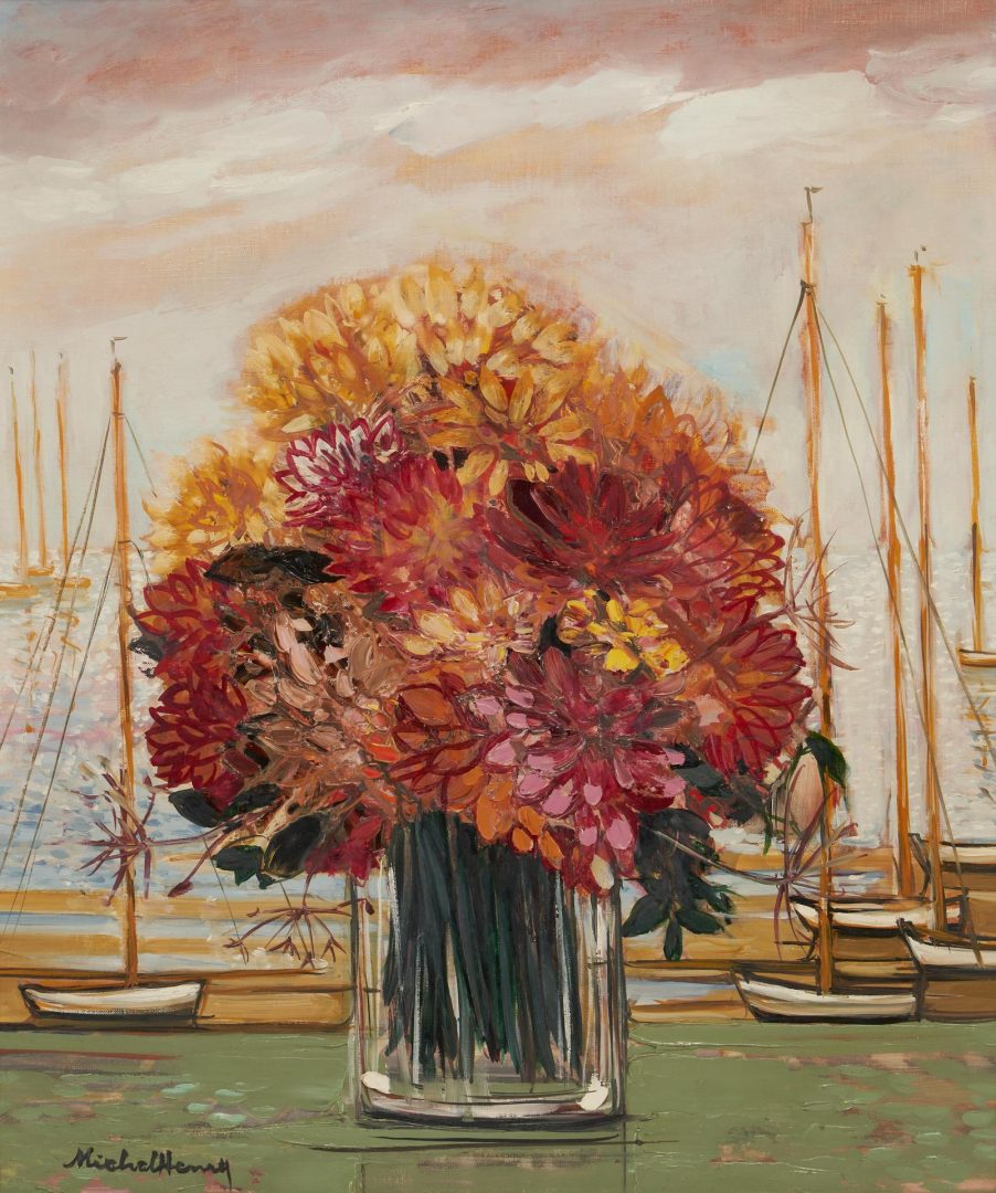 Lot 92: Michel Henry O/C Floral Still Life Painting w/ Sailboats