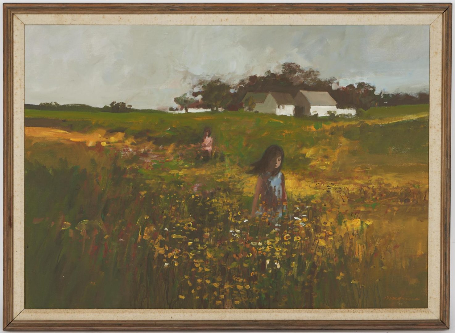 Lot 96: Wayne Amerine O/C Painting, Girls in Field of Wildflowers