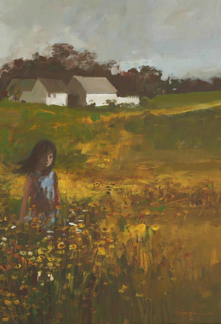 Lot 96: Wayne Amerine O/C Painting, Girls in Field of Wildflowers