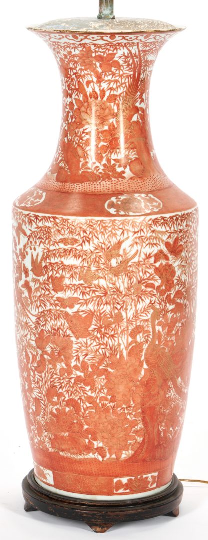 Lot 9: Large Chinese Iron Red Gilt Porcelain Floor Lamp Vase