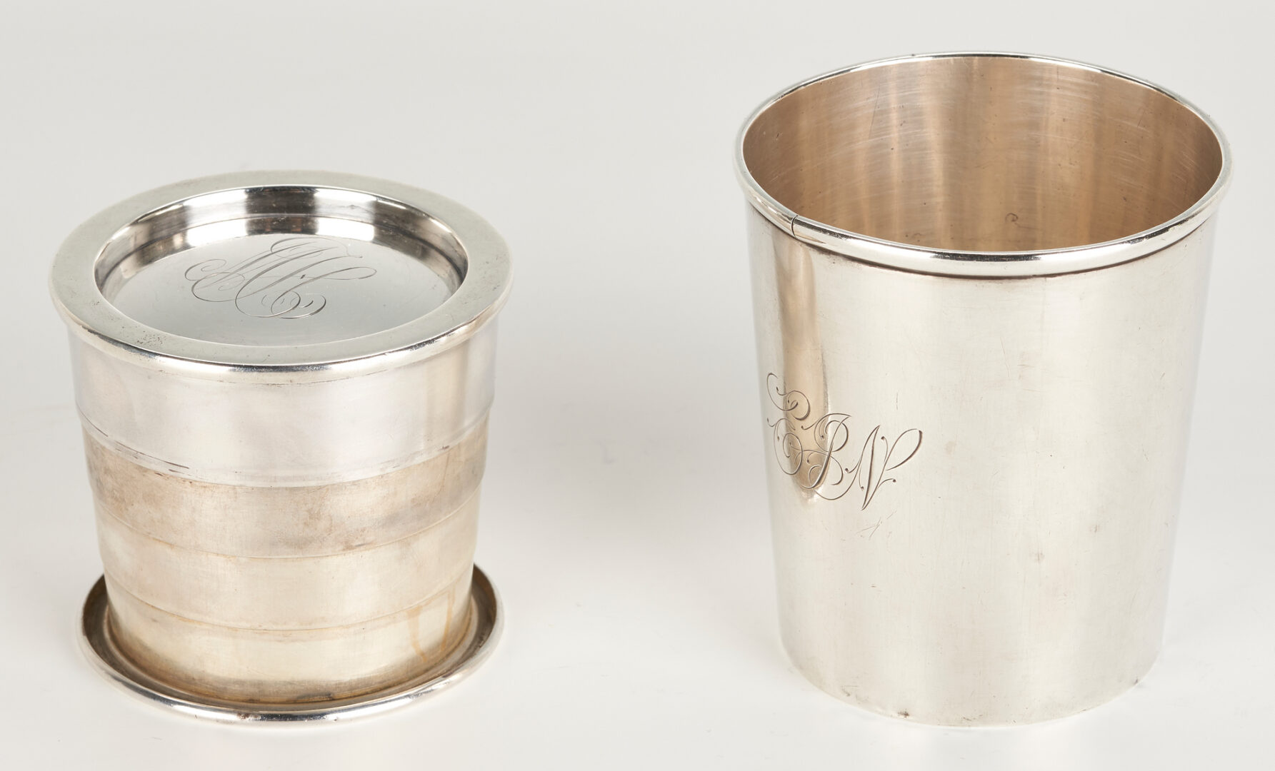 Lot 101: 2 Silver Cups, Richmond Infantry Flask, & Sterling Sugar Basket