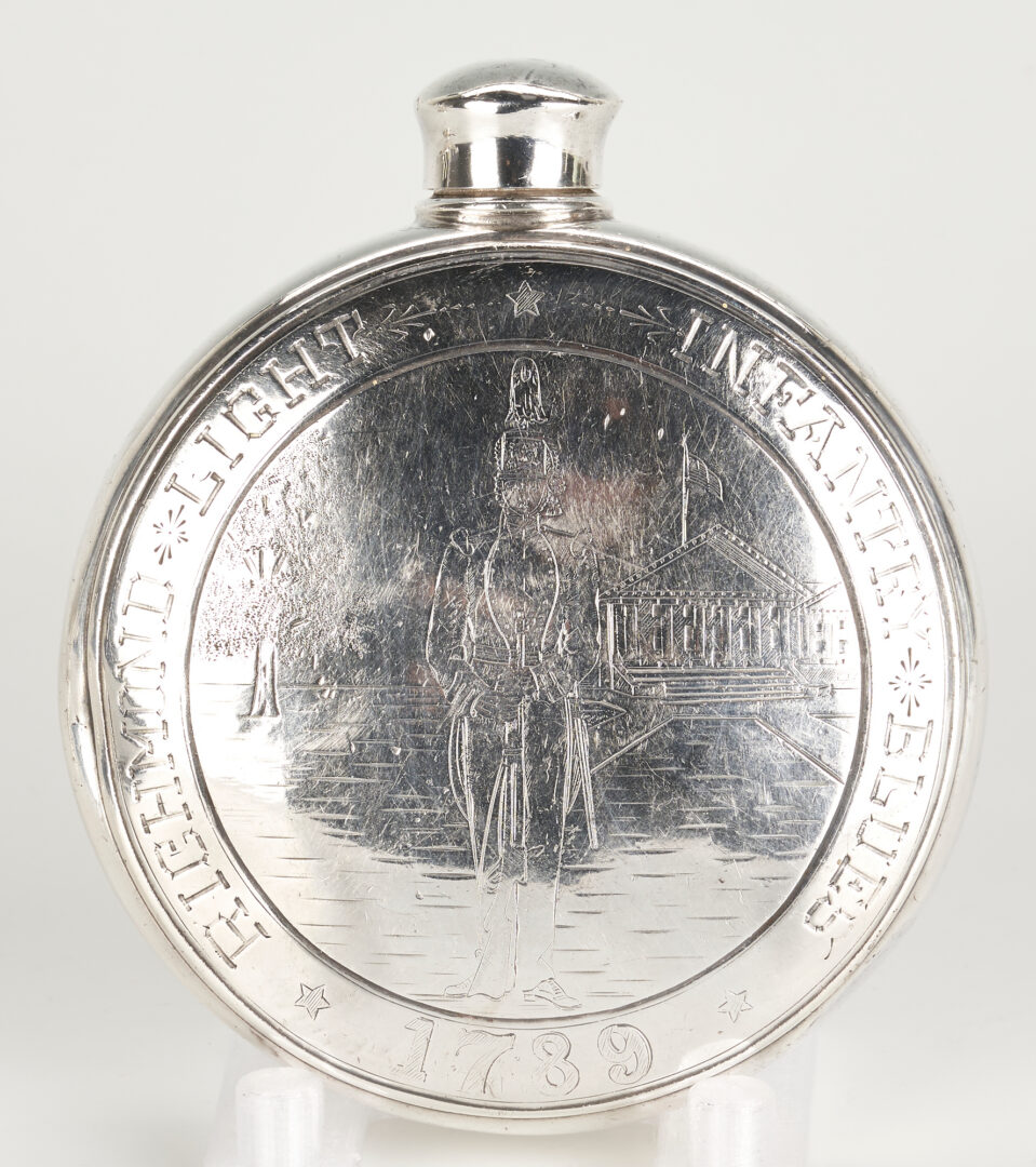 Lot 101: 2 Silver Cups, Richmond Infantry Flask, & Sterling Sugar Basket