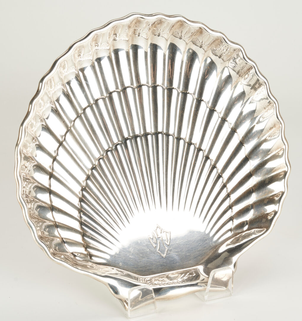 Lot 1022: 8 Sterling Silver Items, incl. Gorham Shell Bowl, Fisher Centerpiece Bowl, Webster Coasters