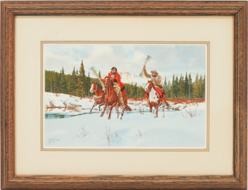 Lot 1034: Ron Stewart Western Winter Landscape Watercolor, Makin' Tracks