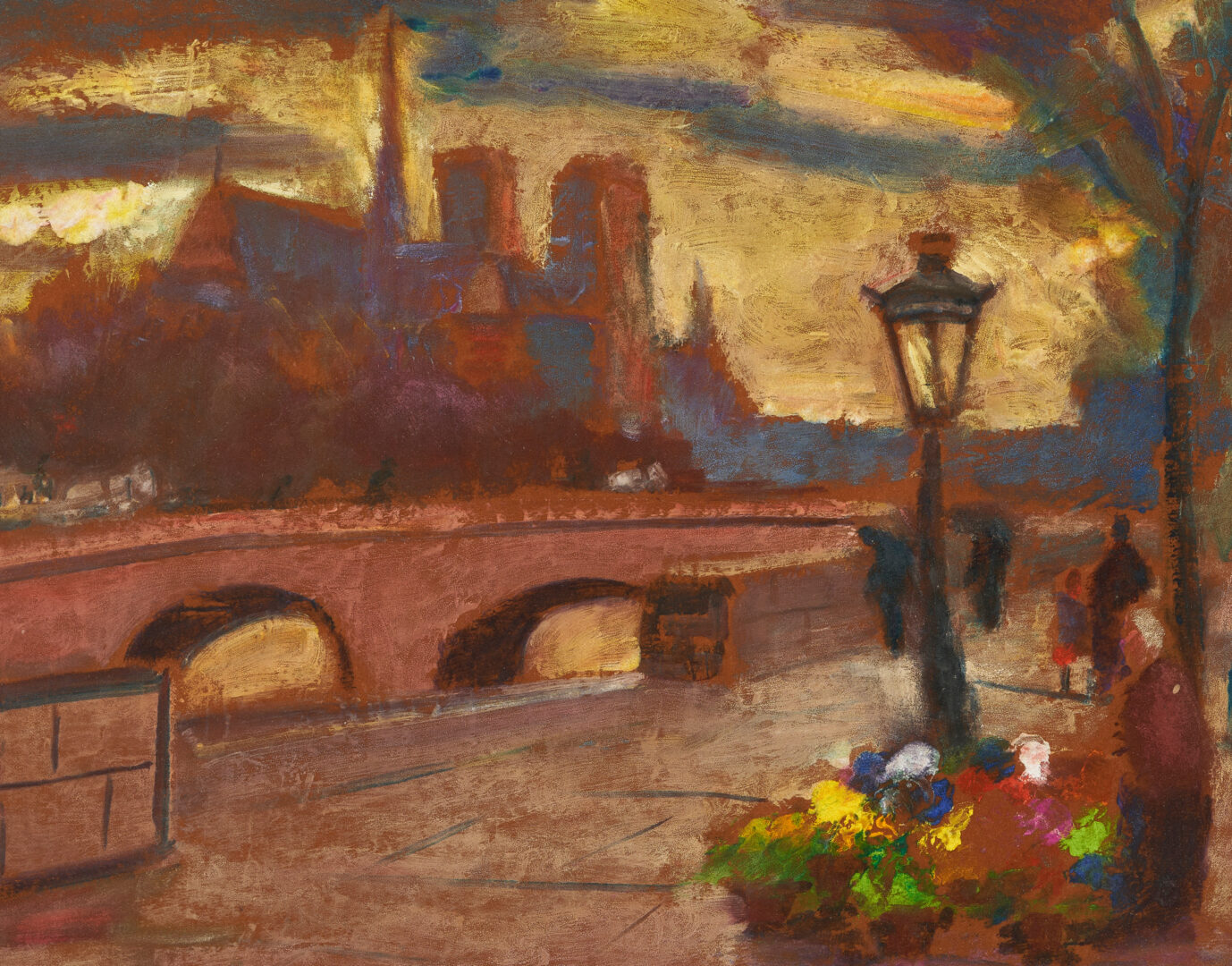 Lot 1038: Israel Abramofsky Mixed Media Streetscape Painting, Flower Sellers at Night