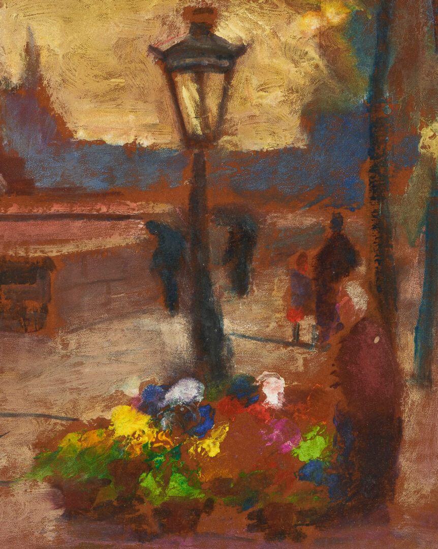 Lot 1038: Israel Abramofsky Mixed Media Streetscape Painting, Flower Sellers at Night