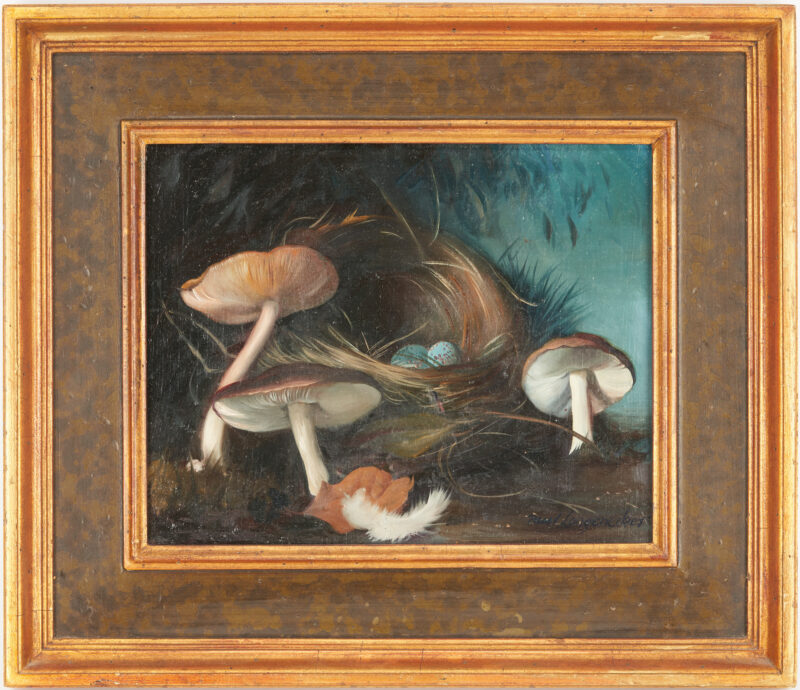 Lot 1039: Paul Longenecker O/B Painting, Still Life w/ Mushrooms & Eggs