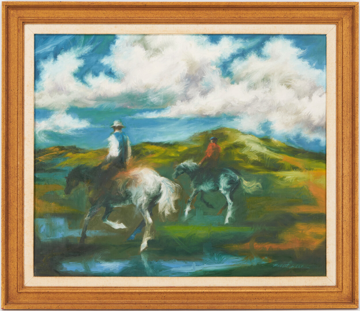 Lot 1040: Robert J Lee O/C Equestrian Painting, Two Riders