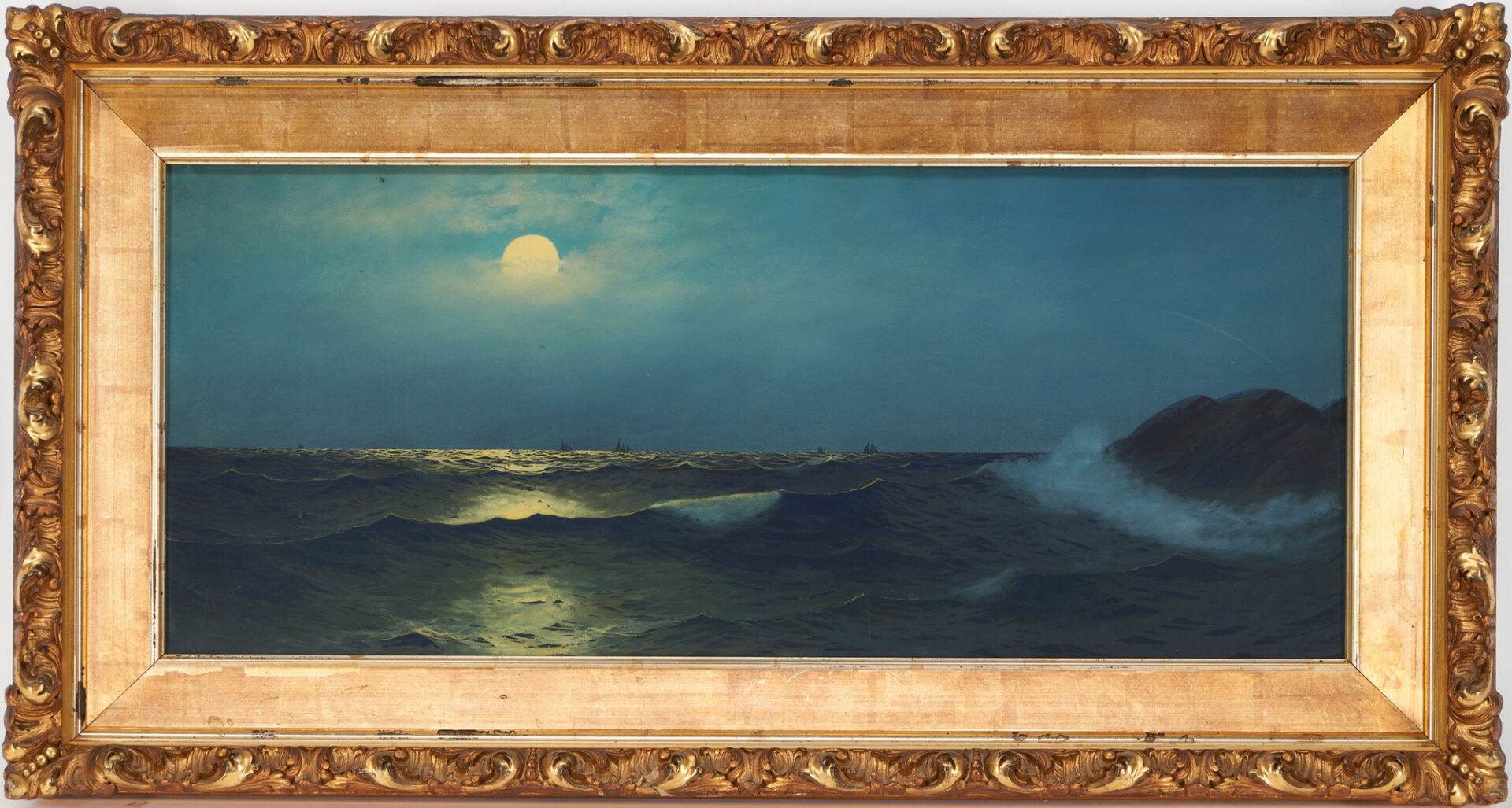 Lot 1045: Marine Seascape Painting of Night Sky with Moonlit Waves